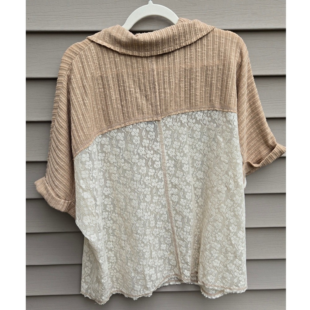 Andree by Unit Tan Ribbed Knit Cream Floral Lace Mixed Media Top Large - Picture 5 of 7